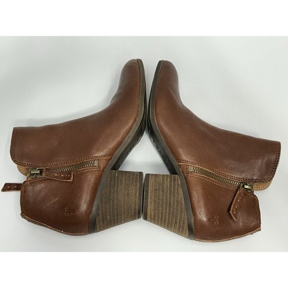 Frye Judith Double Zip Leather Ankle Boots Heel Booties Cognac Brown 7M Women’s - Picture 7 of 9